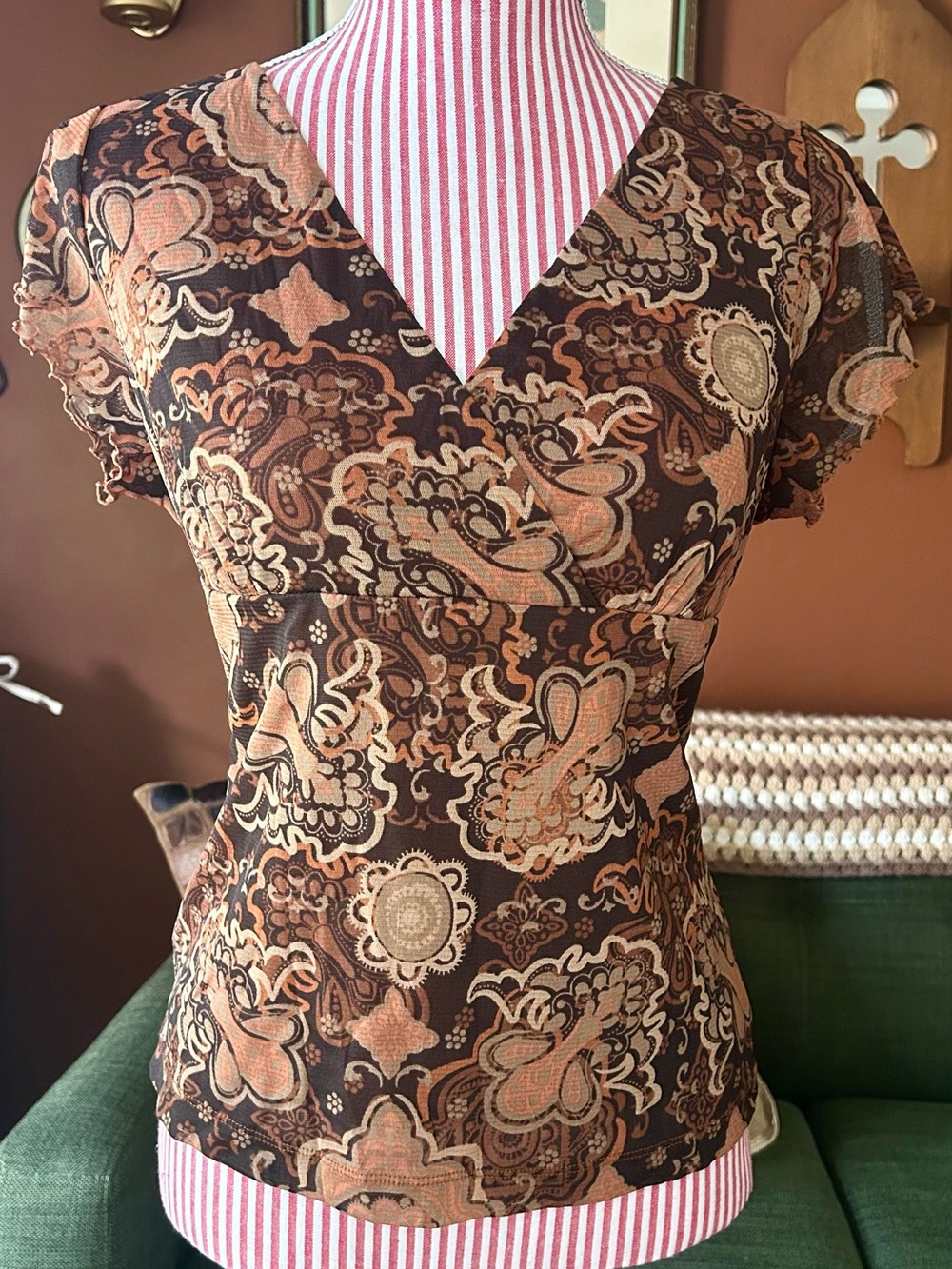 VTG 90s Y2K Boho Top Brown Paisley Fairycore Grunge Goblincore Whimsigoth Large